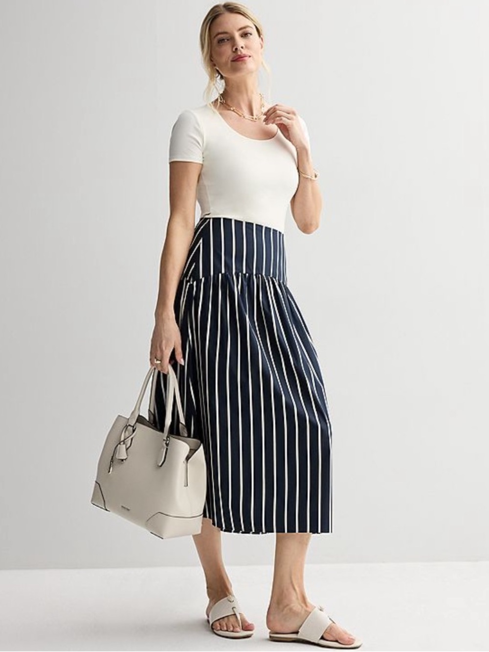 Nine West Navy and White Striped Midi Skirt NWT